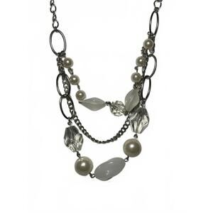 Elegant Multi-Chain Necklace Glass & Faux Pearl Accents Layered Jewelry